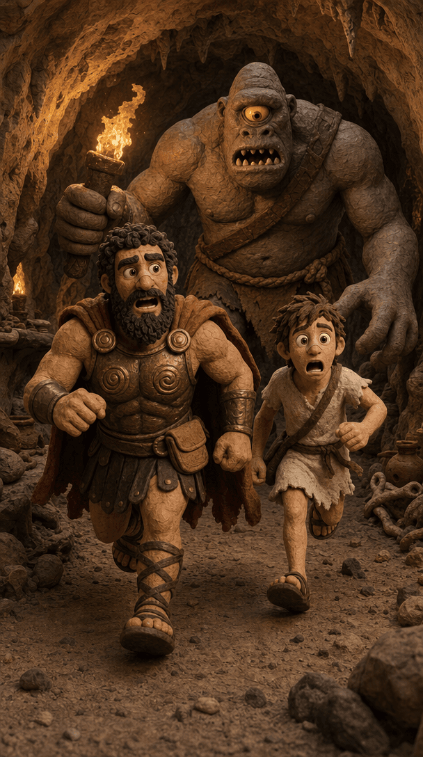 The crew runs from a creature in a cave